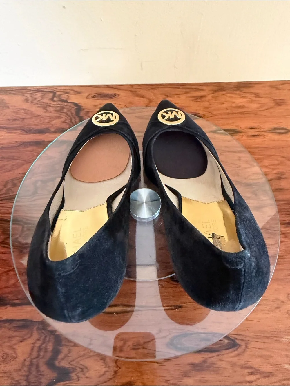 Michael Kors Caroline Black Suede Gold MK Logo Medallion Pointed Toe Pumps 9.5